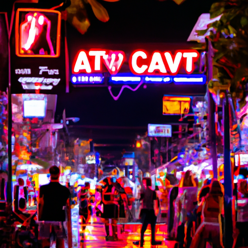תמונה של מדרחוב פטאיה התוסס בלילה, עם אורות ניאון ואמני רחוב עומדים בתור