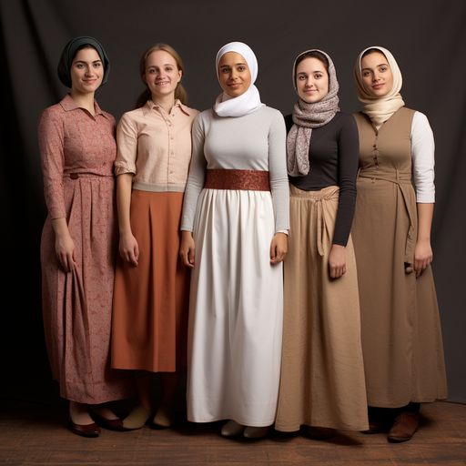 קבוצה של נשים דתיות לובשות בביטחון מגוון של תלבושות מסוגננות וצנועות, המציגות את טעמן האישי.