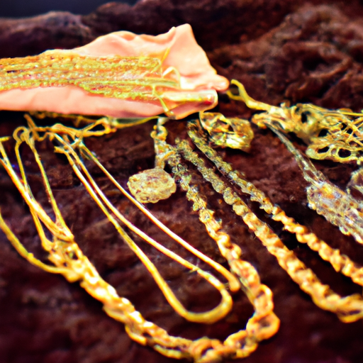 תמונה של מגוון תכשיטי זהב המוצגים על בד קטיפה.