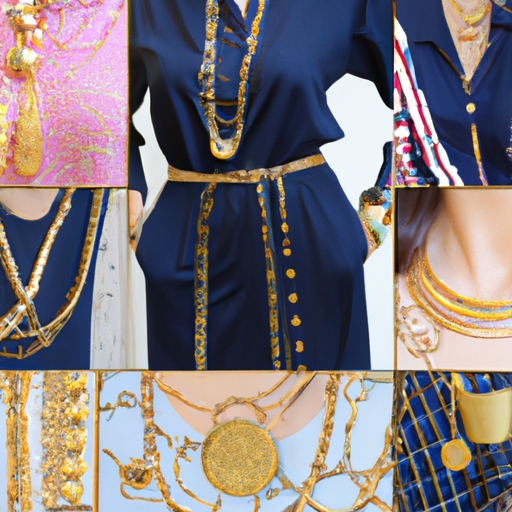 קולאז' של תלבושות שונות בשילוב עם תכשיטי זהב, המציג מגוון סגנונות מקז'ואל ועד רשמי.