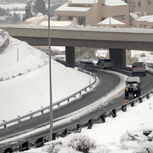 תמונה המתארת את השפעת השלג הכבד על תשתיות ירושלים כמו כבישים חסומים ושיבושים בתחבורה הציבורית.