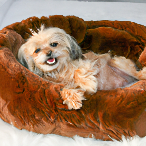 כלב שמח נח בנוחות במיטת כלב קטיפה.